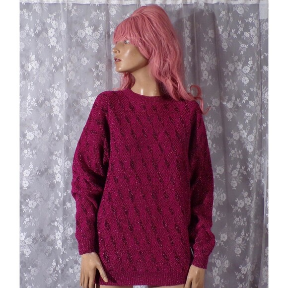 Vintage 80s Sweater 1980s Dark Pink Glitter New Wave Hipster Retro Size Large - Picture 3 of 8